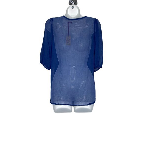 Raga Womens Button Front Shirt Blue Short Sleeve Crew Neck Sheer Pintuck S New - Picture 2 of 7